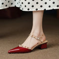 Women's fashion pointed mid heel patent leather shoes with ankle strap buckle in wine red, black, and white