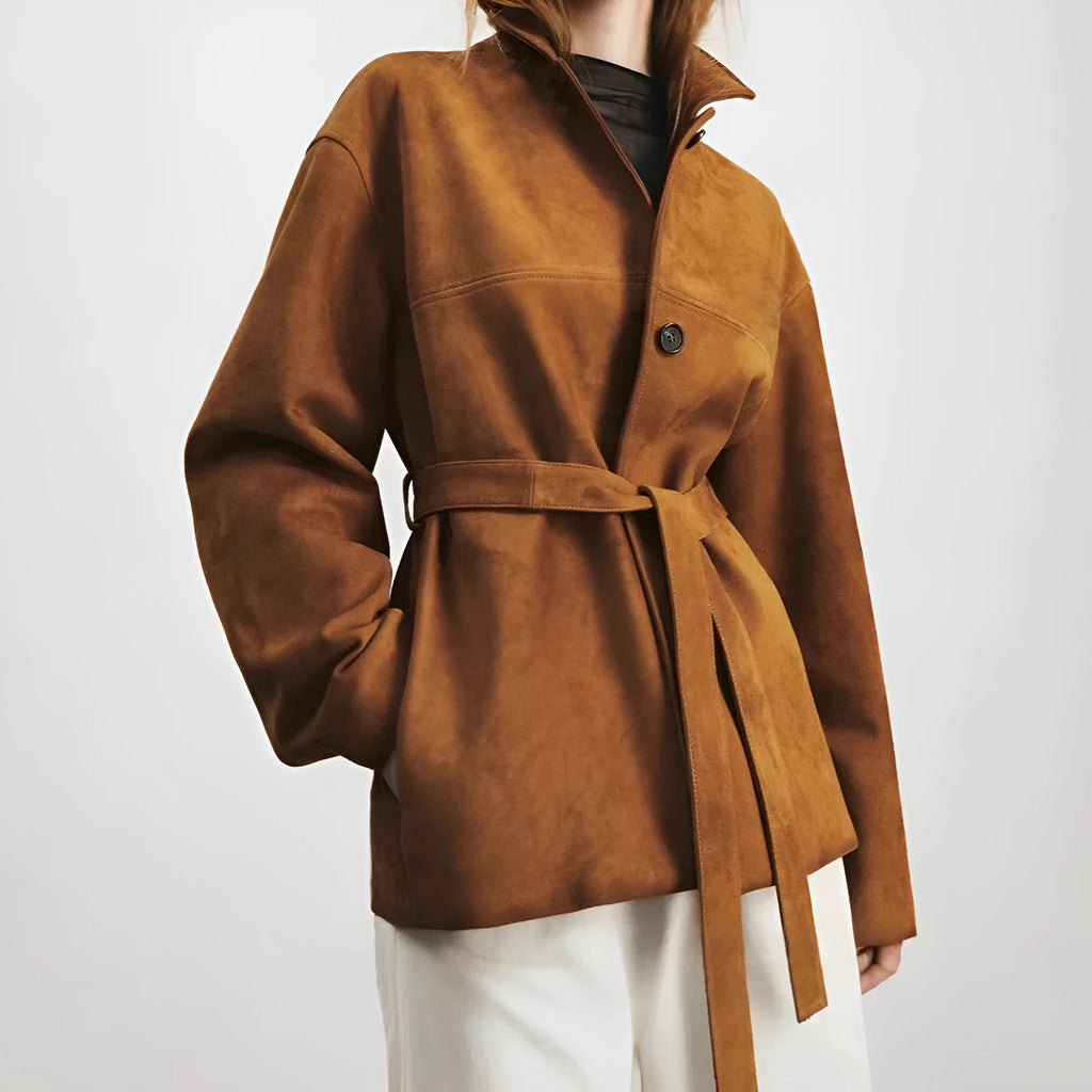 Women's caramel mocha cashmere coat with leather stitching and peter pan collar in art retro style