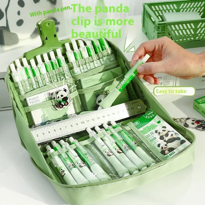 Green canvas pencil case with 12-layer panda design and multiple compartments for stationery organisation