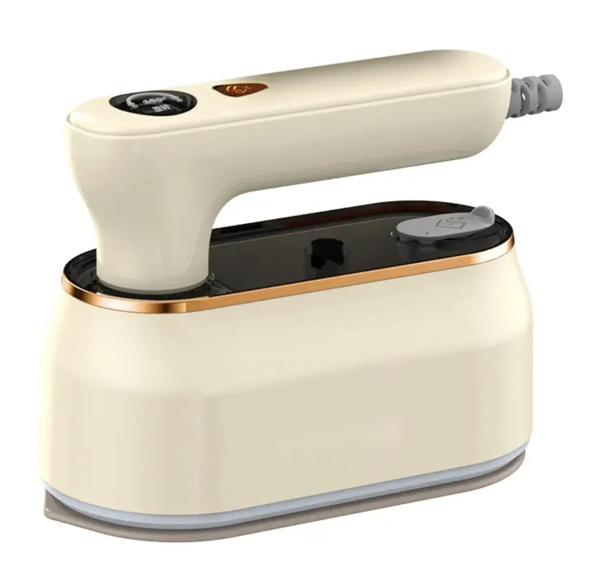 Light purple foldable travel iron with ceramic soleplate and mechanical controls for worldwide voltage use