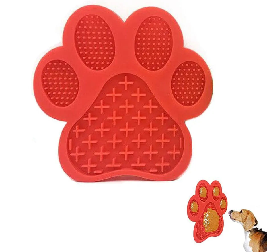 Dog licking mat with peanut butter and strong suction cups on bathroom tile, 18x18x1.2cm silicone pad