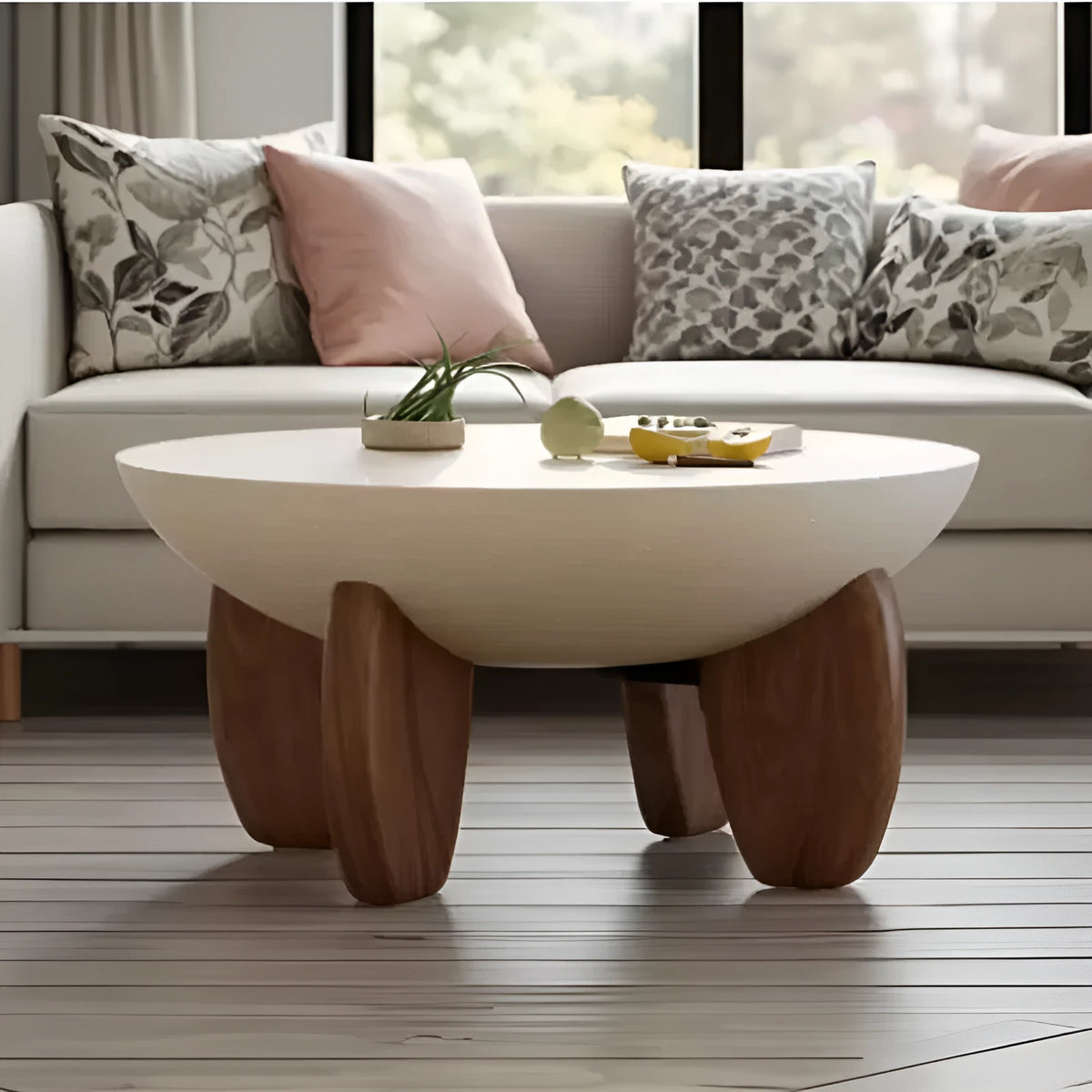 White solid wood coffee table with adjustable height and storage, set in a living room