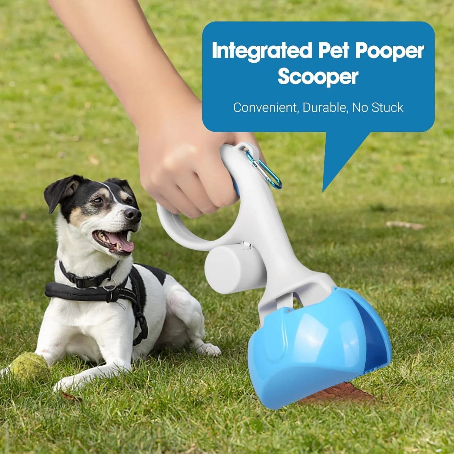 Blue pet pooper scooper with integrated trash bag holder and top carry hook.