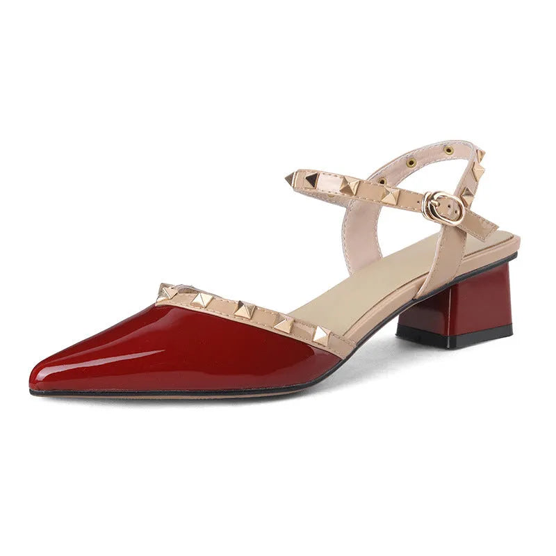 Women's fashion pointed mid heel patent leather shoes with ankle strap buckle in wine red, black, and white