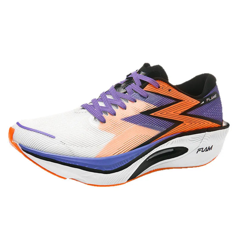 Marathon running shoes with carbon plate in orange colour on a white background
