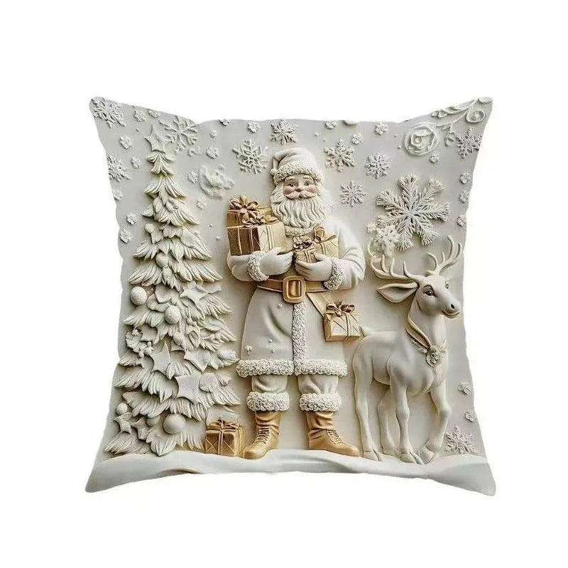 Christmas linen cushion cover with elk and rabbit pattern on a sofa in a modern simple style