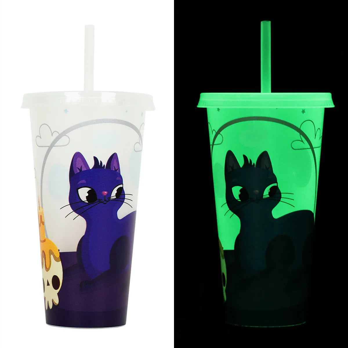 Halloween luminous reusable plastic sippy cup with straw, 720ml capacity, shown in one of six colours.