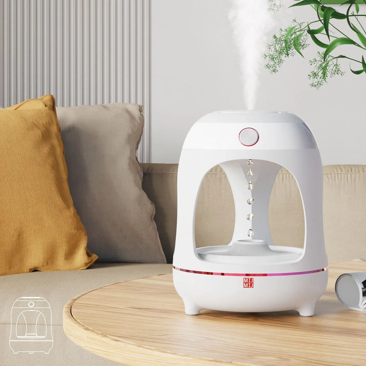 Rose gold and white levitating water drops ultrasonic humidifier and LED night light on a desk