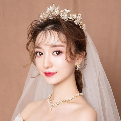 Bride wedding dress crown three-piece headdress set super fairy series with crystal details and matching necklace earrings
