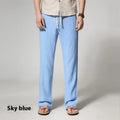 Men's straight leg casual trousers in a cotton linen blend, shown in a solid colour with a loose fit.
