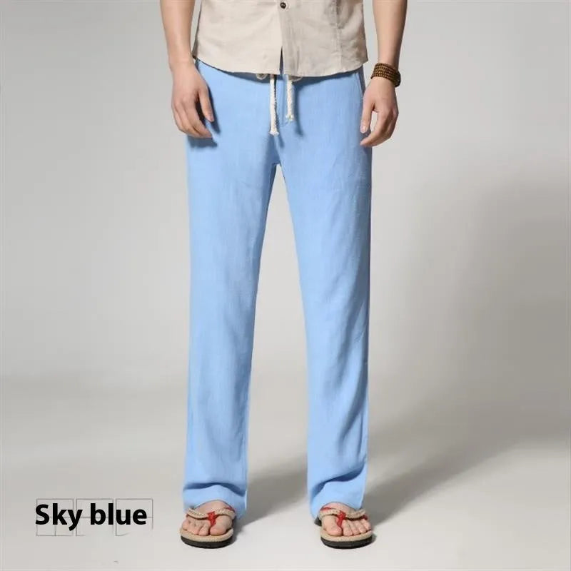 Men's straight leg casual trousers in a cotton linen blend, shown in a solid colour with a loose fit.