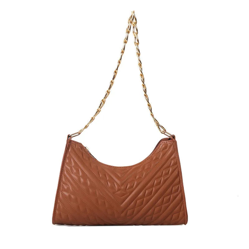 Brown PU pleated chain baguette shoulder bag showing vertical square shape and soft carry handle.