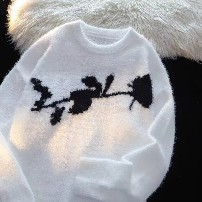 Men's cotton sweater with flocked horse motif design in apricot colour, showing pullover style with long sleeves