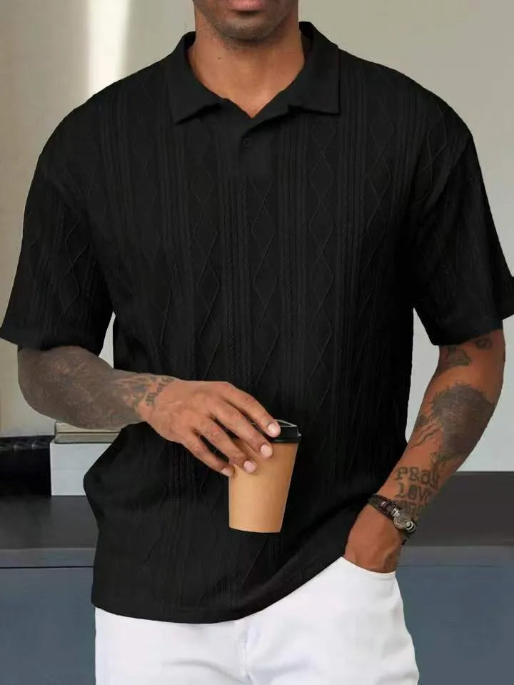 Men's loose fit short sleeve T-shirt with a retro button lapel on the collar, in a khaki cotton blend knit.