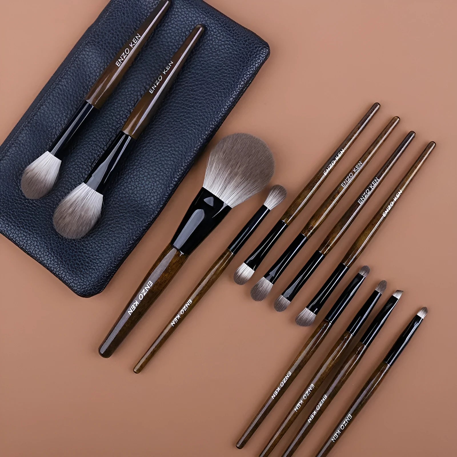 12 piece makeup brush set with wooden handles in a portable PU carry bag