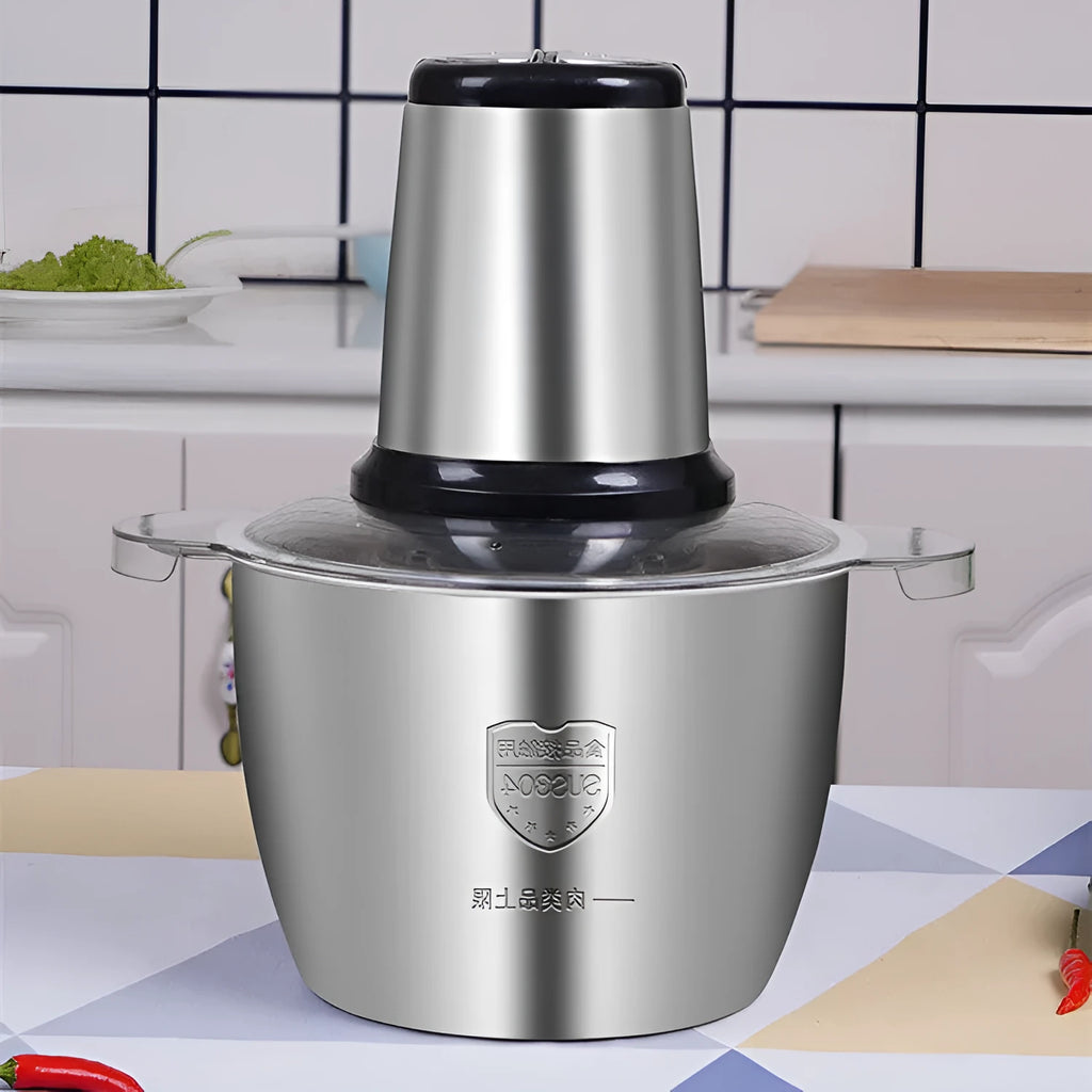 Stainless steel fully automatic electric meat grinder with 2-litre capacity and EU plug