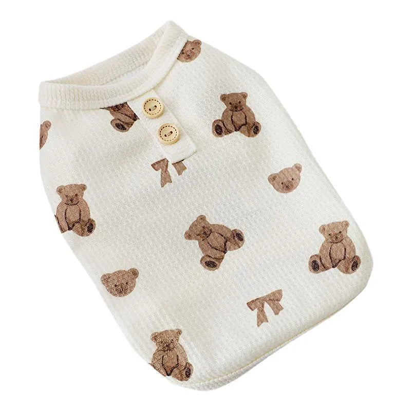 Beige waffle short-sleeve small dog top on a dog, side view, polyester fabric