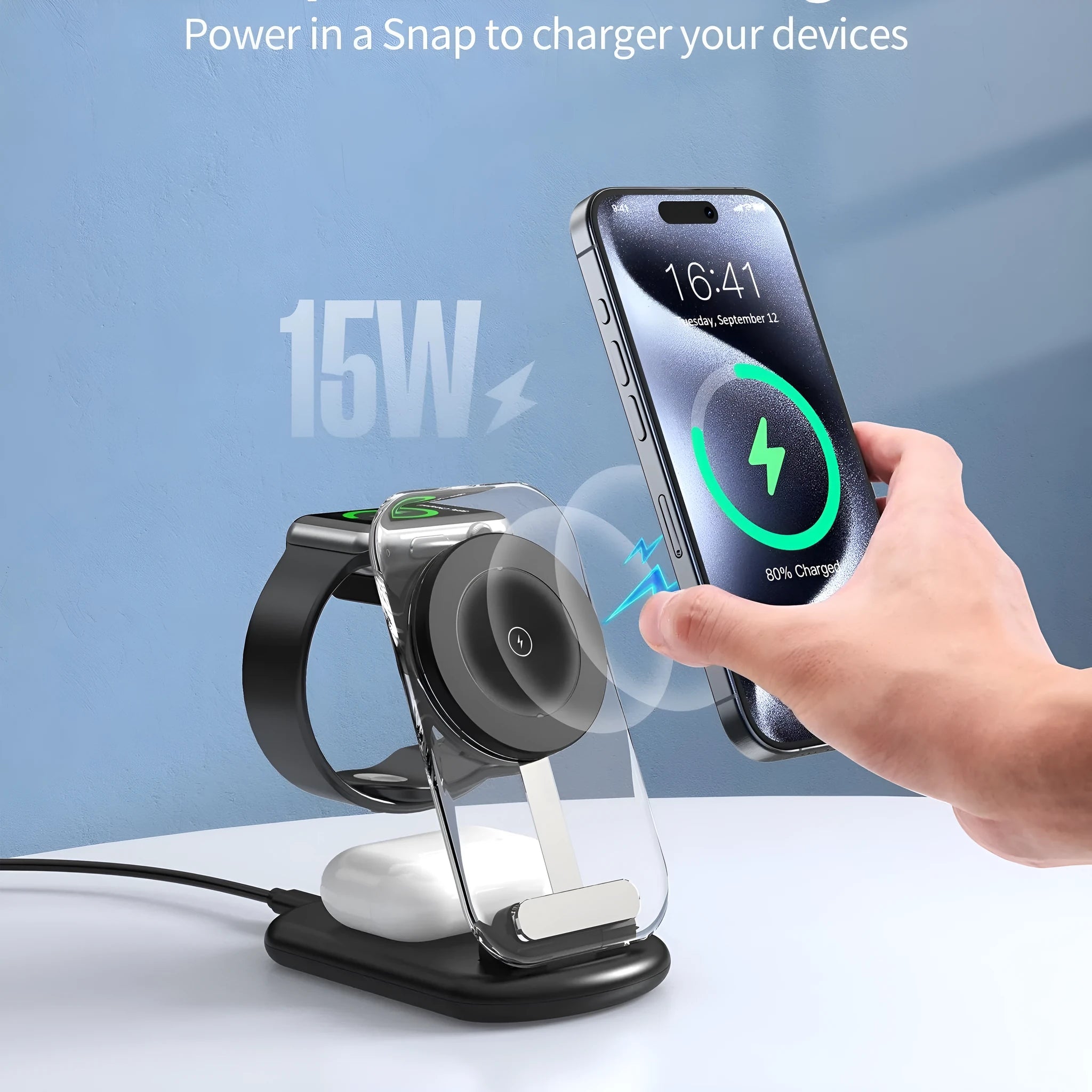 Transparent folding three-in-one magnetic wireless fast charger in black.