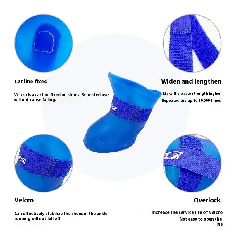 Set of four soft-soled rubber pet rain shoes in assorted colours on a grey background.