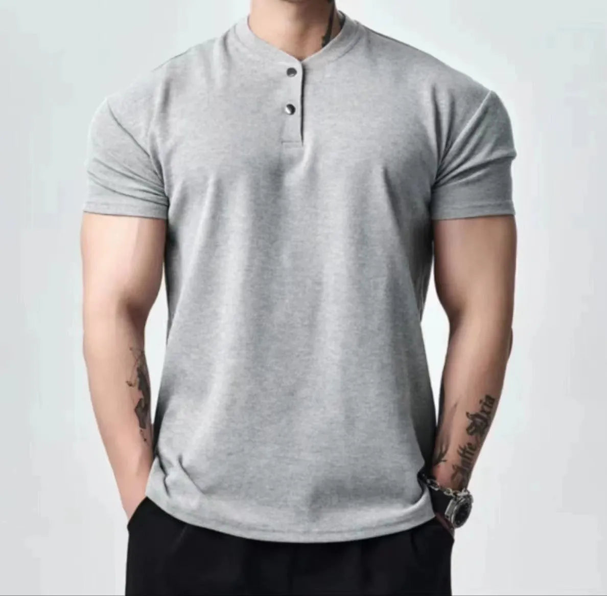 Men's loose fit retro t-shirt in white, black, or grey with choice of Henry or polo collar
