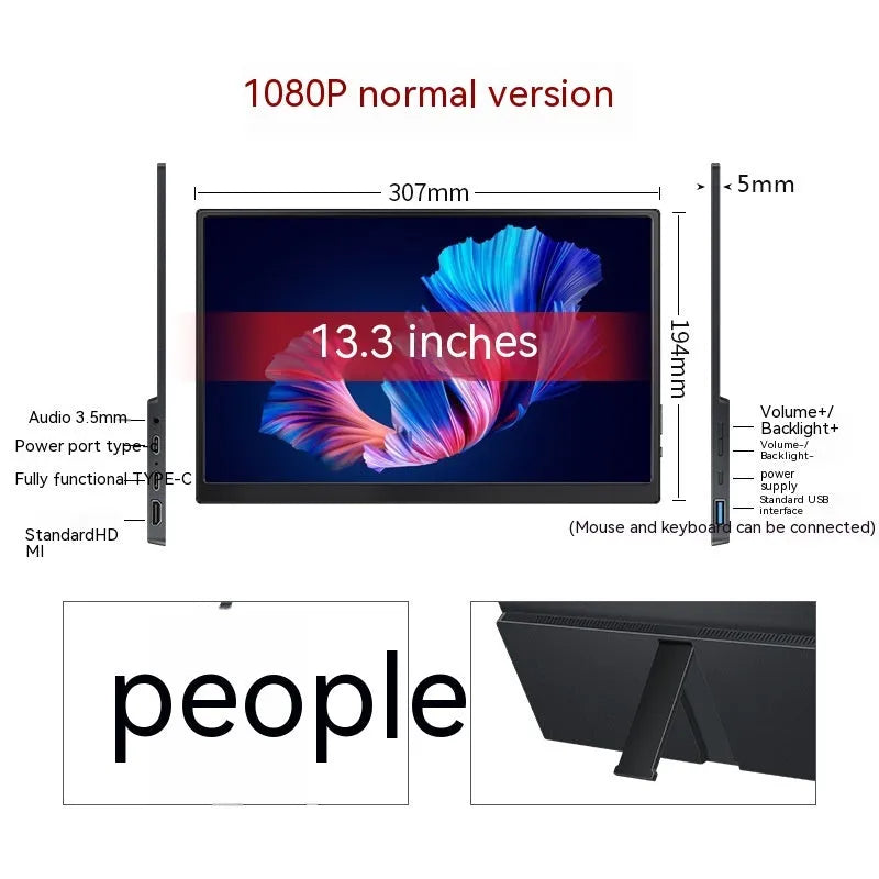 Black portable monitor with 1920x1080 IPS display showing a media scene, with touch screen option available