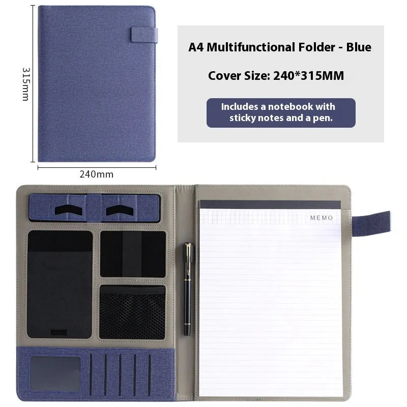 Leather A4 business folder in black, open to show 35mm thick plate and space for documents