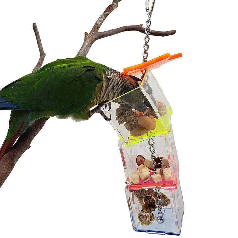 Clear acrylic bird foraging toy 32cm long parrot educational food container