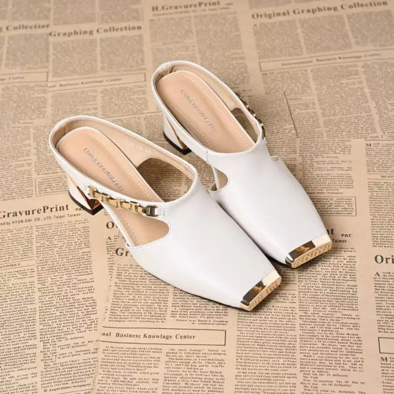 Metal Tilta French retro square toe sandals with PU upper and rubber sole in black and white