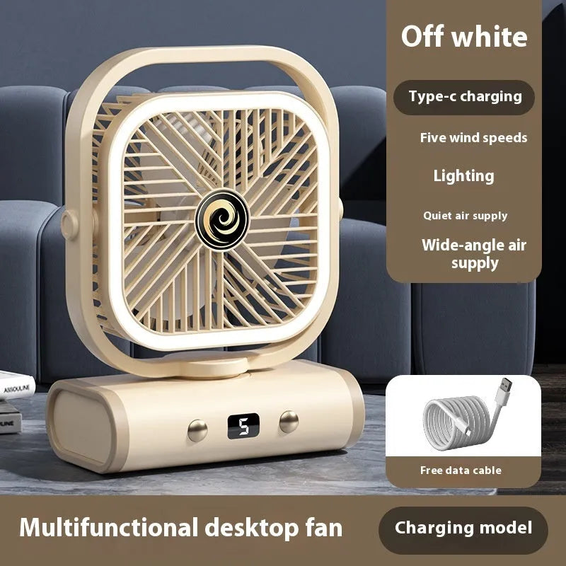 Rechargeable shaking head desktop fan in greyish purple with USB charging, brushless motor, 240x180x96mm