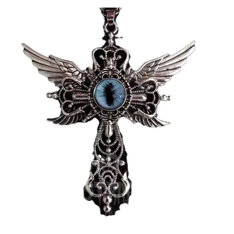 Close-up of a devil wings and cross design alloy pendant necklace on a chain, shown in a choice of colours.