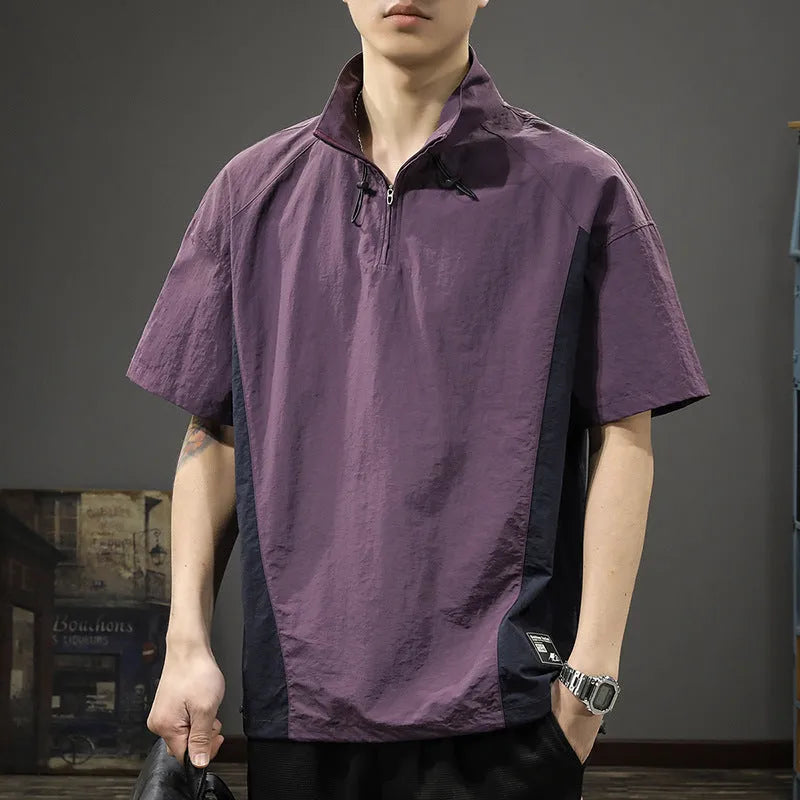 Brown men's half-zip casual shirt with stand collar and short sleeves showing ice silk fabric texture