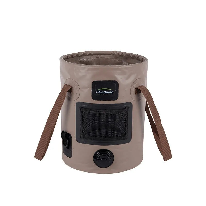 25-litre folding plastic outdoor fishing bucket shown in lemon yellow colour with optional built-in mesh net pocket
