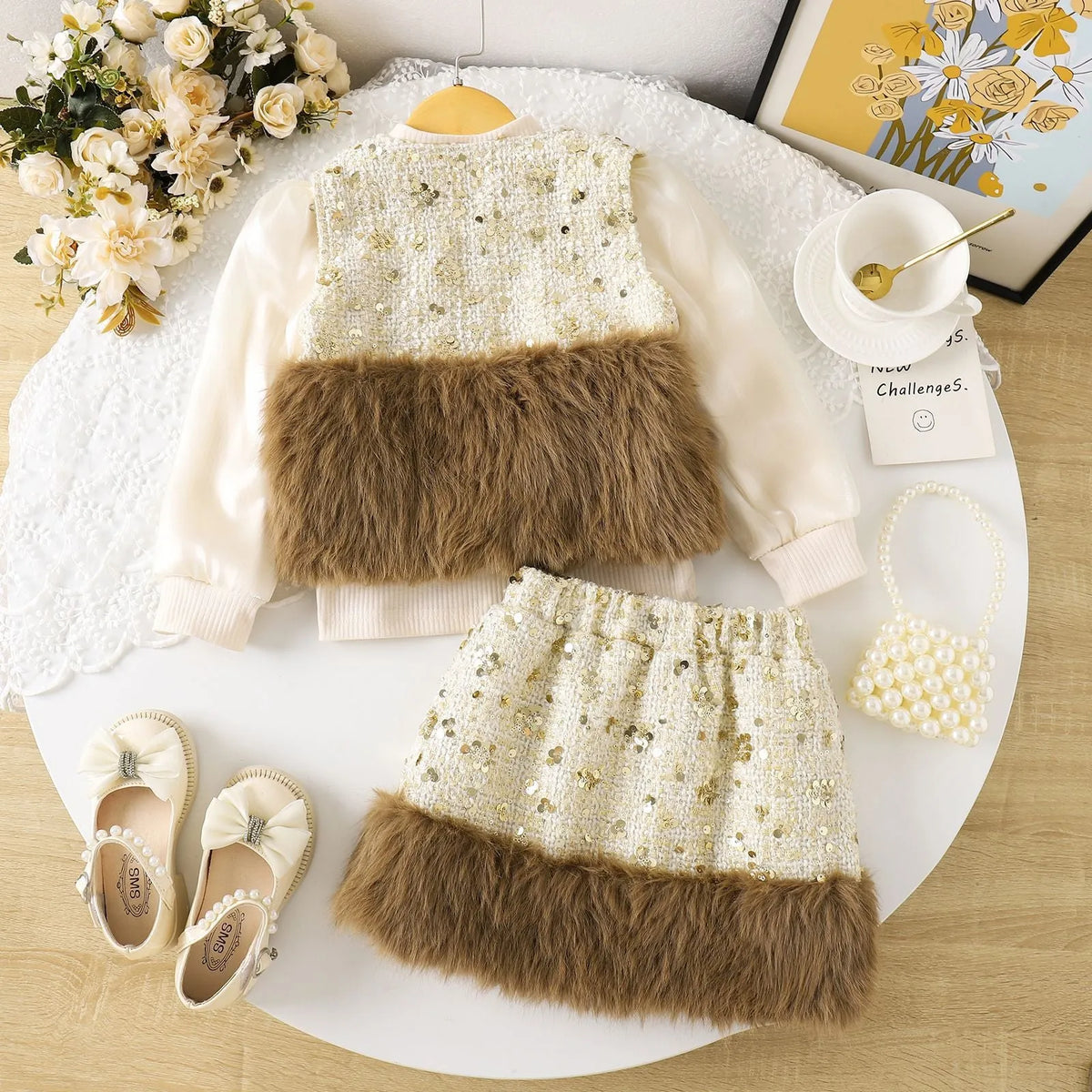 Apricot floral print long sleeve cotton blouse and short skirt children's two-piece set on a white background
