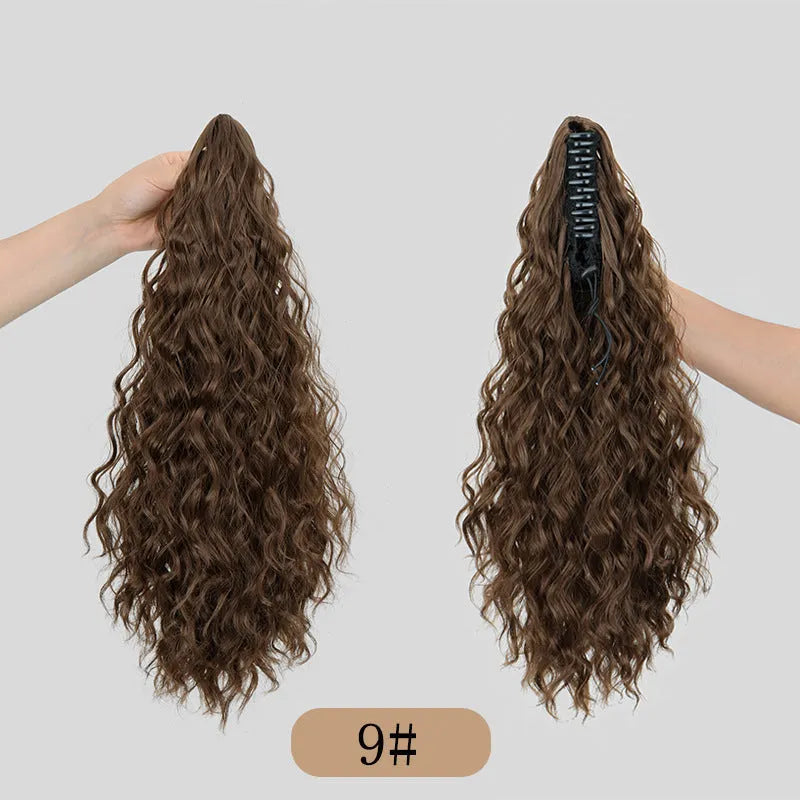 Corn curler wig with water ripple grip ponytail in synthetic high temperature fibre, shown in colour 1B.