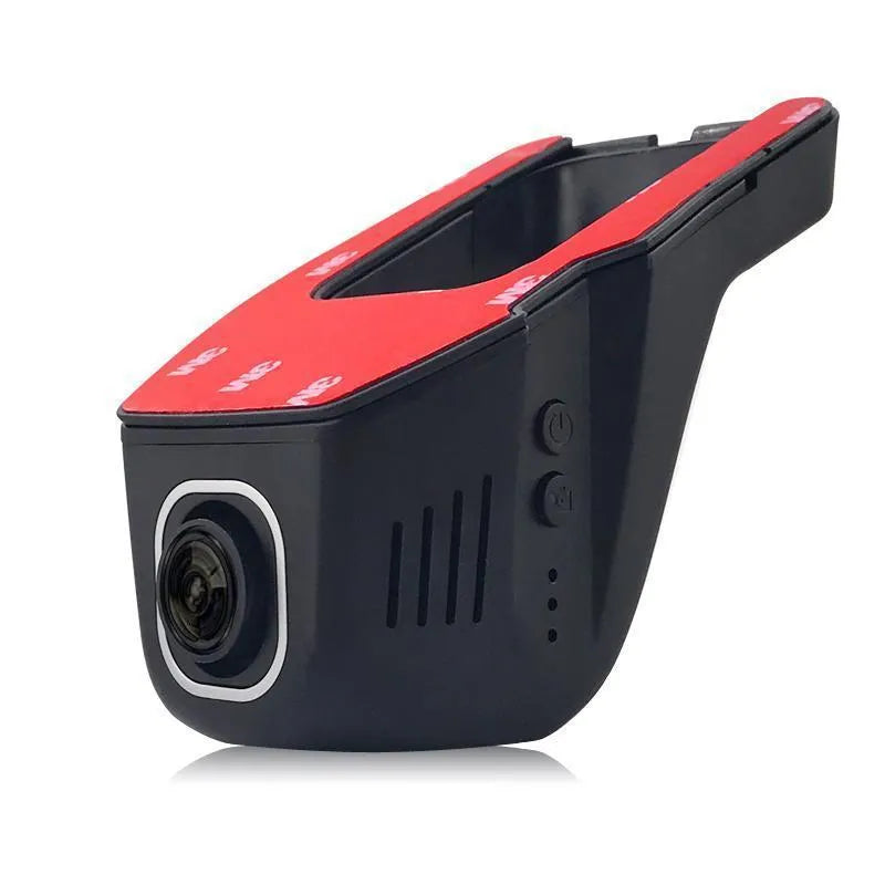 V4 WiFi driving recorder in red colour hidden behind rearview mirror with 140° wide-angle lens