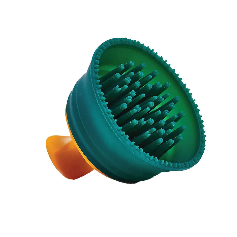Green double-sided knotted silicone pet brush for dead hair removal, size 8x9.5x9.5cm, on a plain background