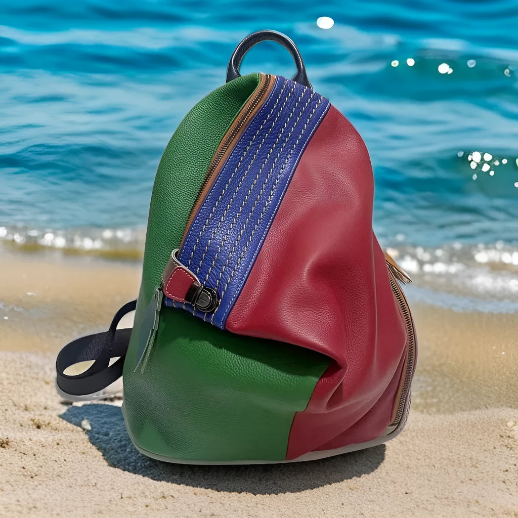 European and American style women's genuine leather backpack with anti-theft lock, colour contrast stitching, and three-dimensional pocket