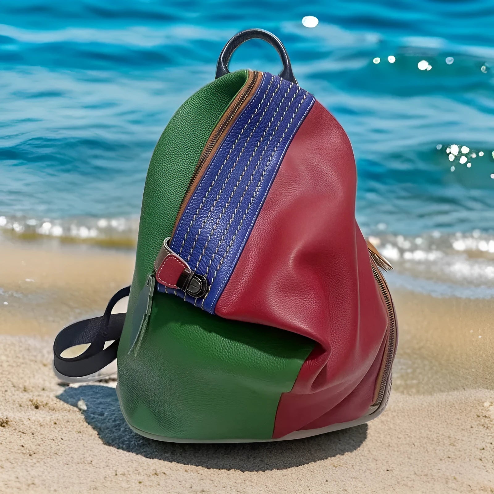 European and American style women's genuine leather backpack with anti-theft lock, colour contrast stitching, and three-dimensional pocket