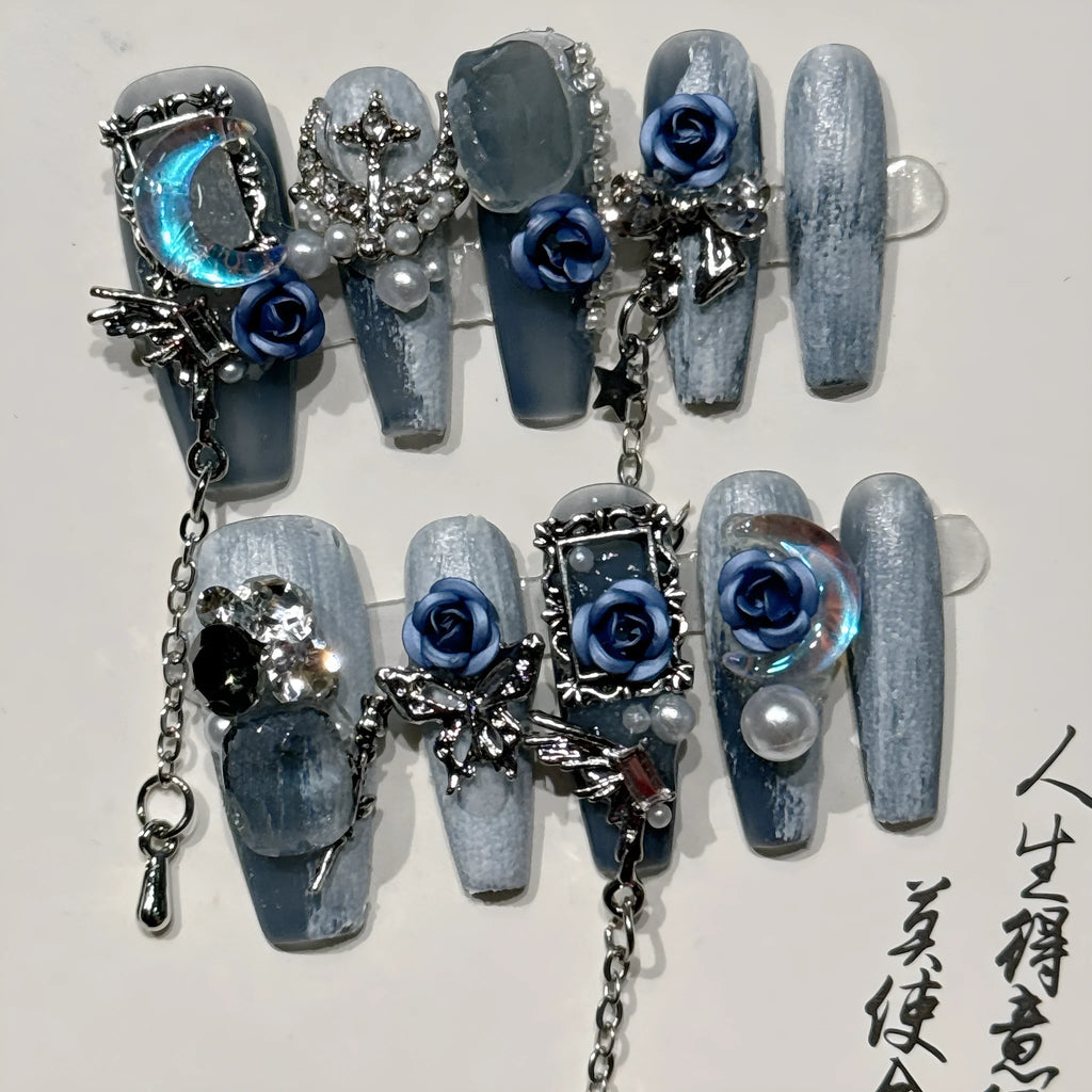 Blue false nails with rose flower pattern for evening manicure in four sizes