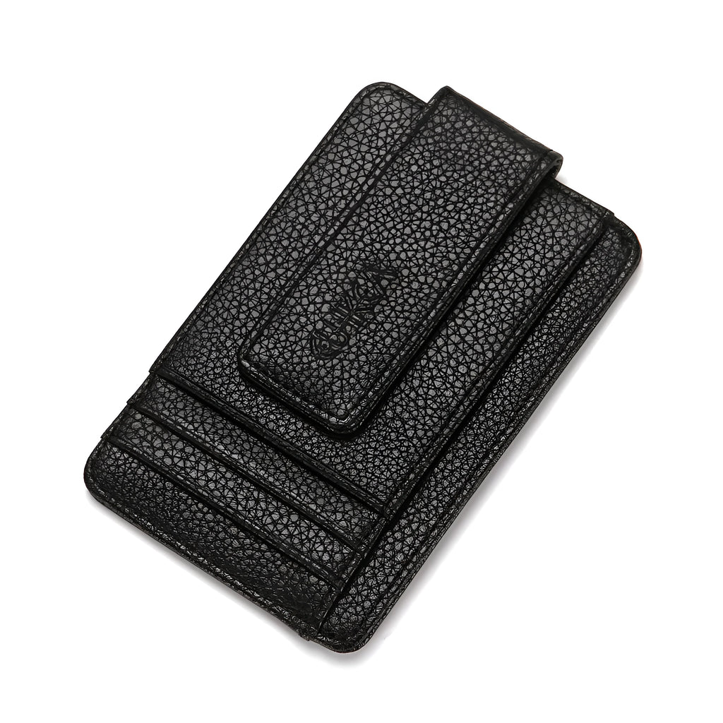 Men's PU leather wallet with magnetic snap closure in black, short square vertical shape with sewing line details