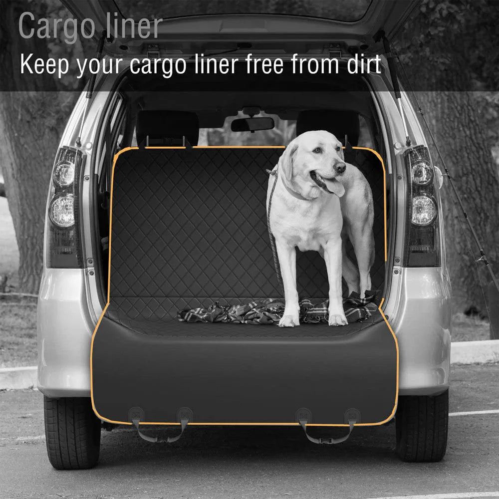 Waterproof cloth car pet kennel rear seat cushion in black measuring 137x147cm placed on a car back seat