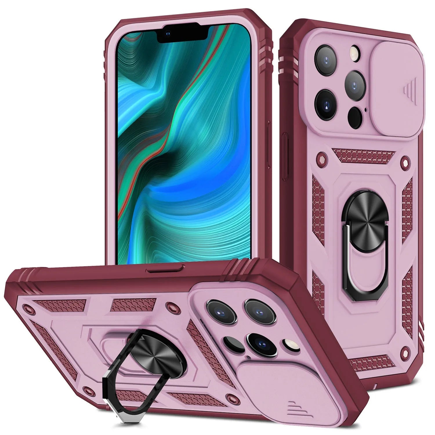 Magnetic sliding window back cover case for Apple iPhone on a grey green and pink background
