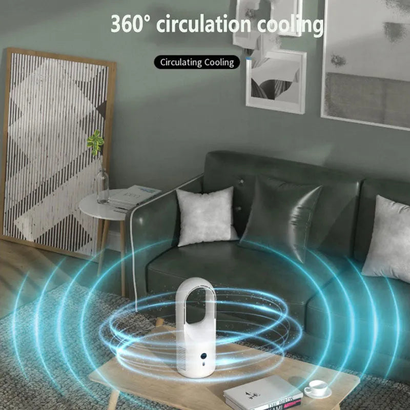 X28 bladeless desk fan showing LED display and 360-degree vent, with USB charging cable.