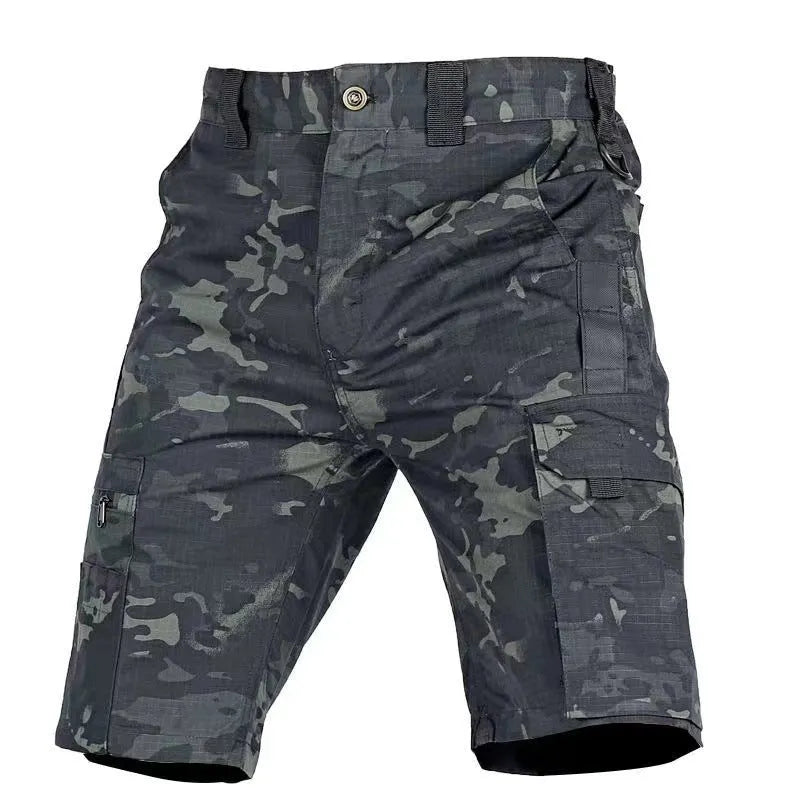 Beetle elastic waist camouflage shorts shown in multiple colours including dark night and CP camo patterns.