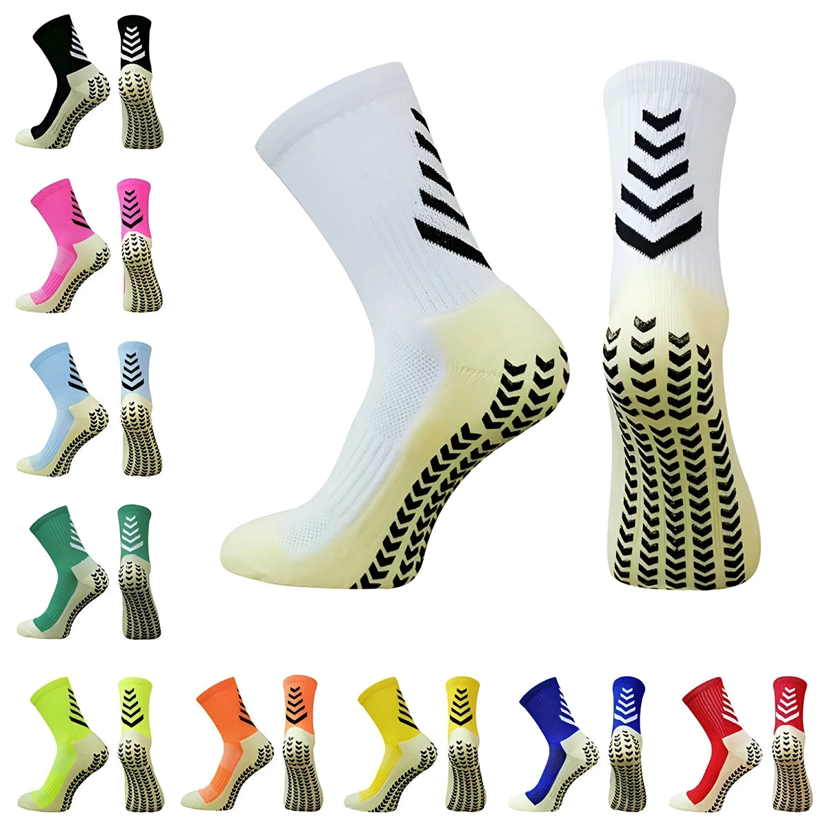 Men's mid-calf athletic socks with non-slip silicone grip, arrow black design, polyester thickened construction for running and football