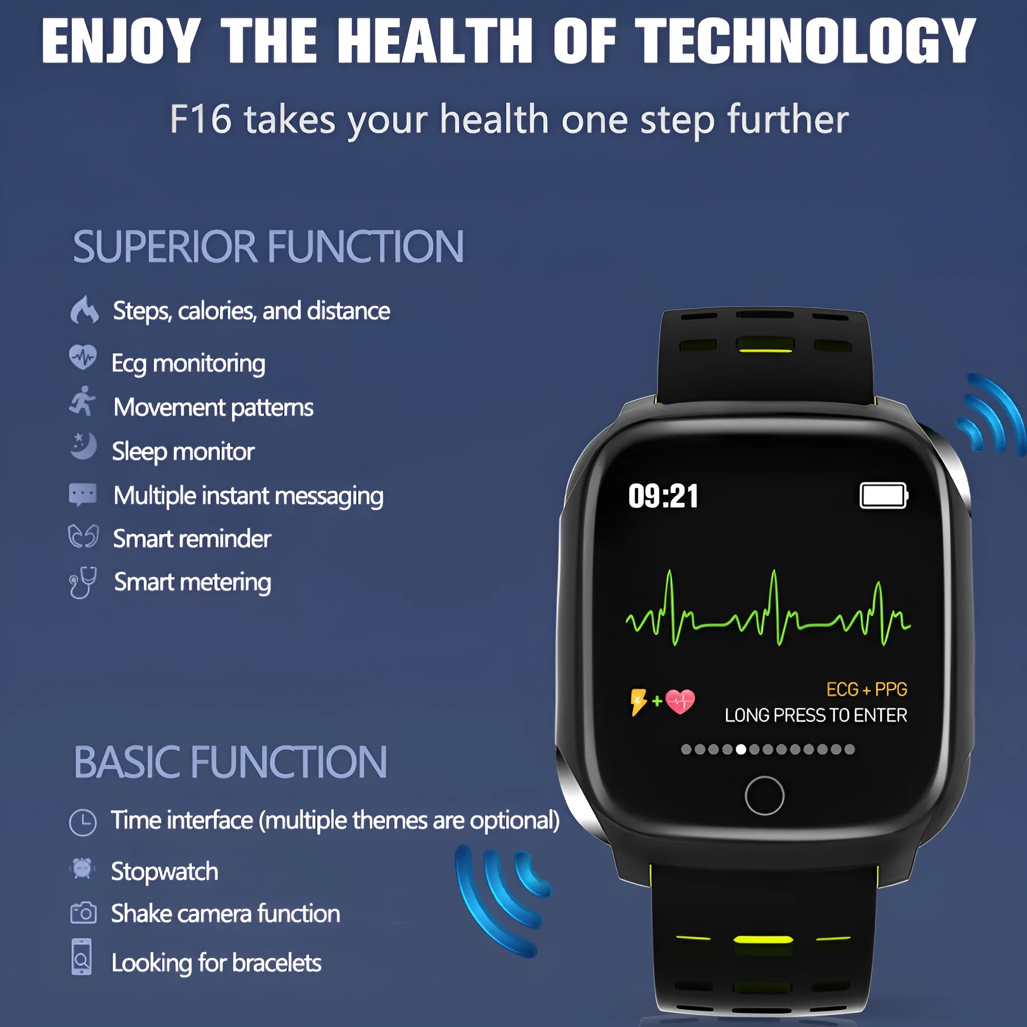F16 smart watch with ECG monitor on a silicone wristband, showing the IPS display and physical button.
