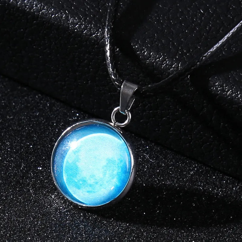 Moon night sky constellation glass pendant on a luminous alloy necklace chain with extension.