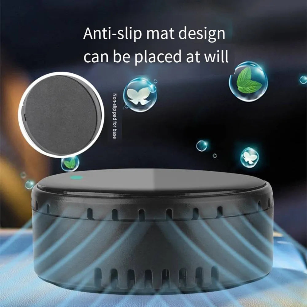 Car mounted solar air humidifier with solar panel, black colour, on vehicle vent