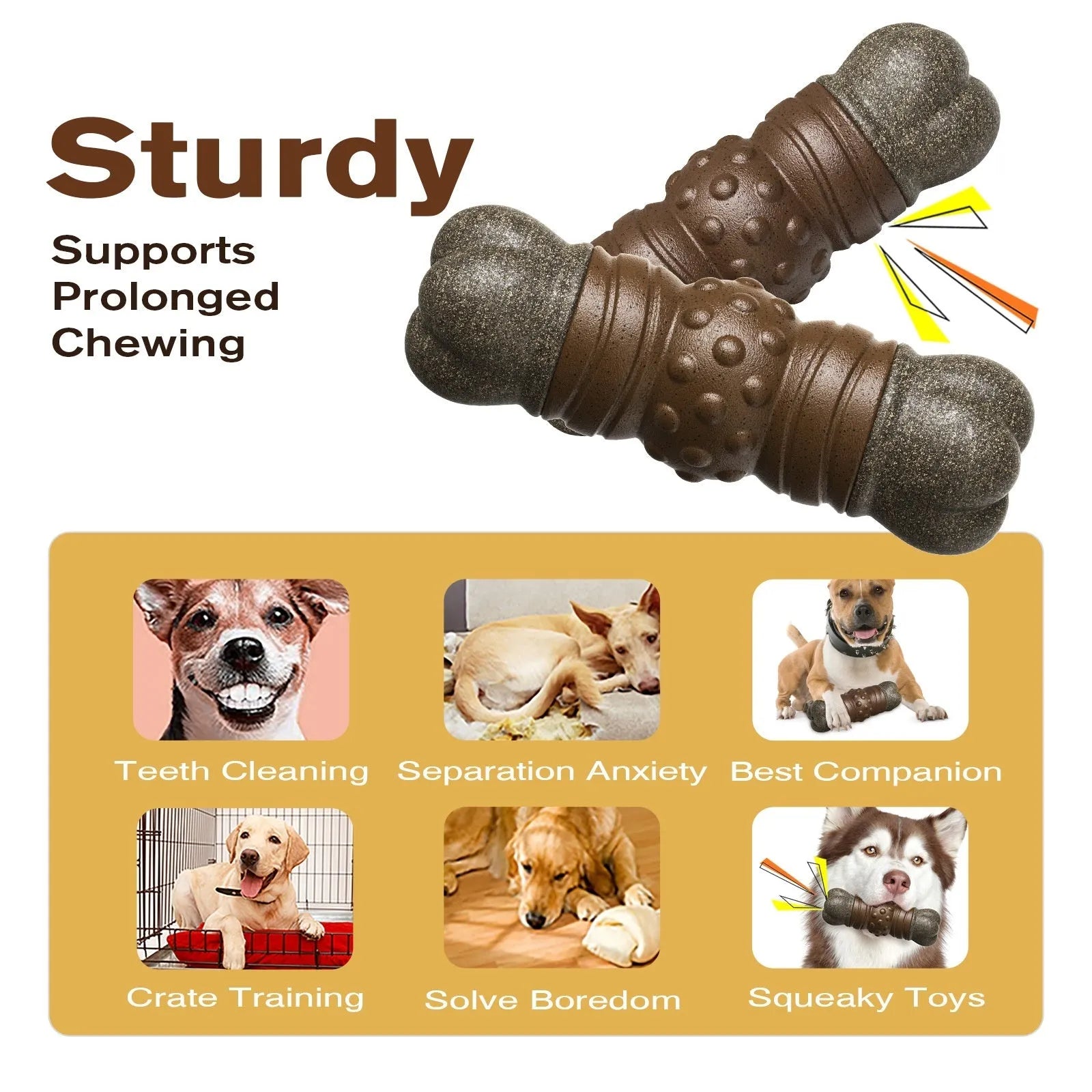 Wood colour plastic dog toothbrush toy with textured molar rod for dental cleaning