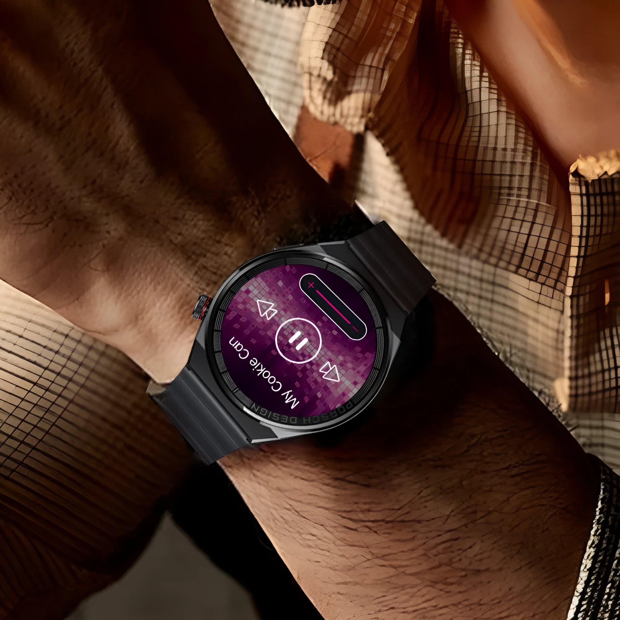 Smartwatch with black or silver case and choice of silicone, leather, or stainless steel strap on wrist